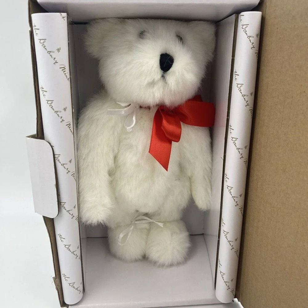 Danbury Mint Jointed Plush Bear. IN BOX. White with Red Bow. Approx. 8